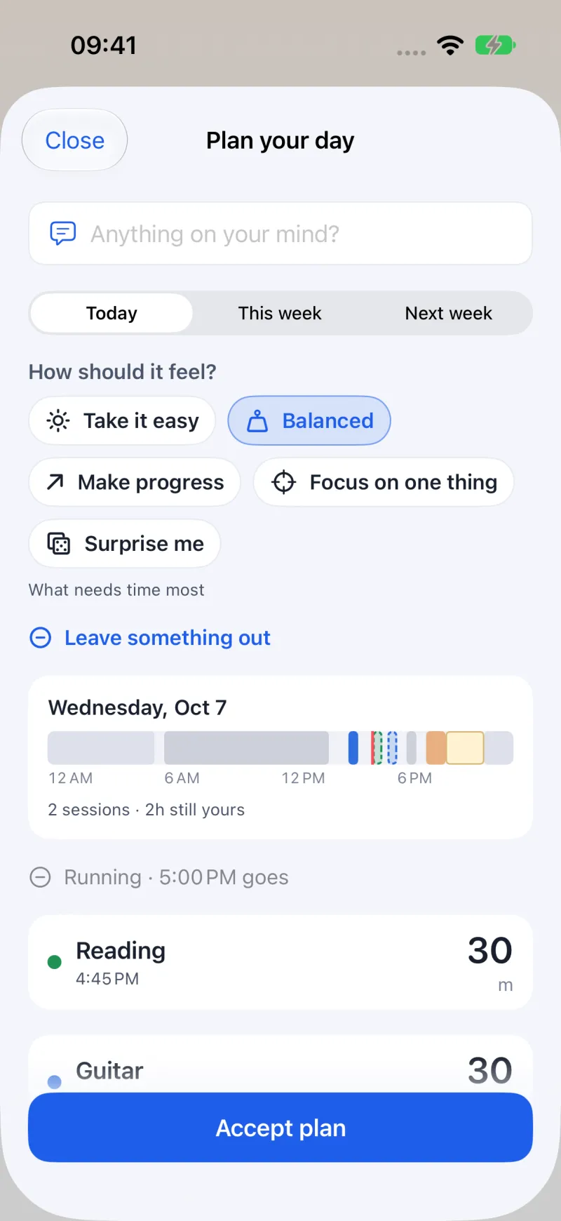 The Plan your day sheet with the mood choices: Take it easy, Balanced, Make progress, Focus on one thing