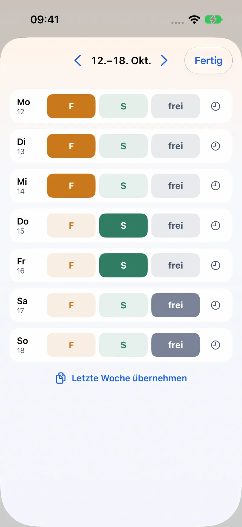 Die Schichten der nächsten Woche in OwnWeek eintragen: eine Zeile pro Tag, jeweils Früh, Spät oder frei