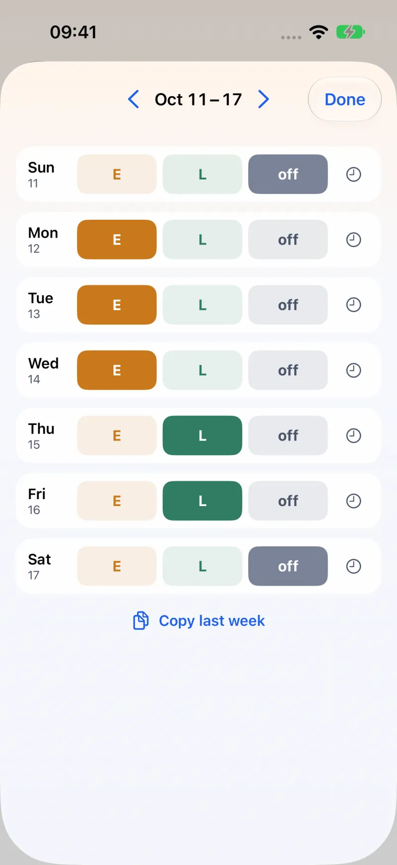Entering next week's shifts in OwnWeek: one row per day, each set to early, late or off