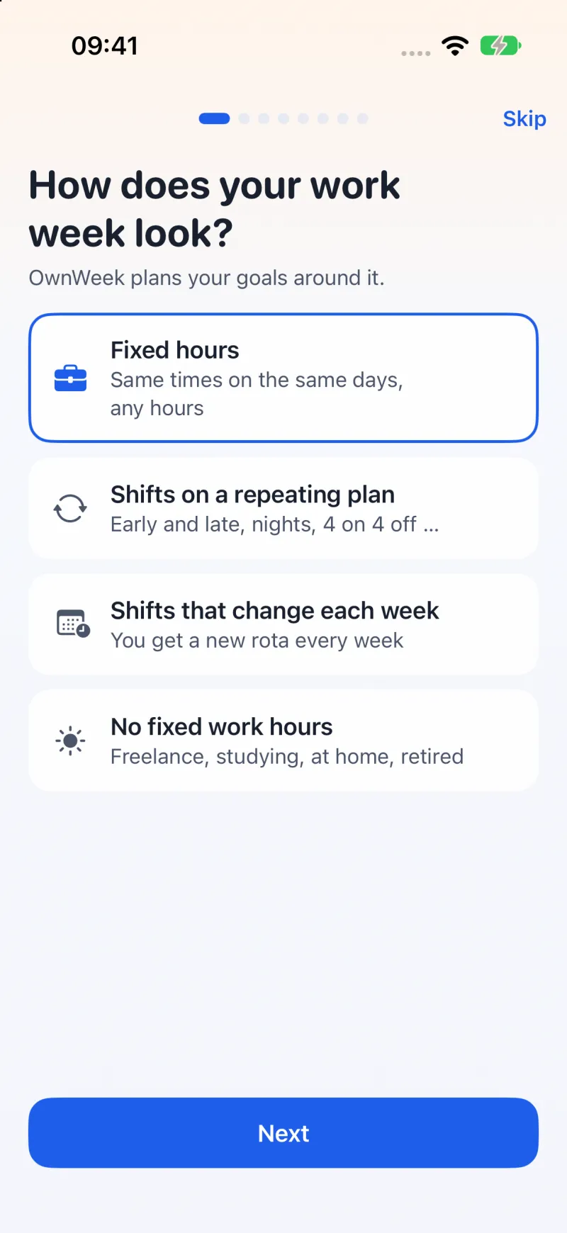 OwnWeek setup asking how your work week looks: fixed hours, shifts on a repeating plan, shifts that change each week, or no fixed work hours