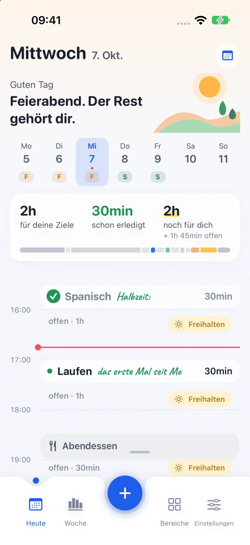 Der Heute-Bildschirm von OwnWeek: der Tag als Zeitleiste mit geplanten Einheiten und der Zeit, die noch frei ist