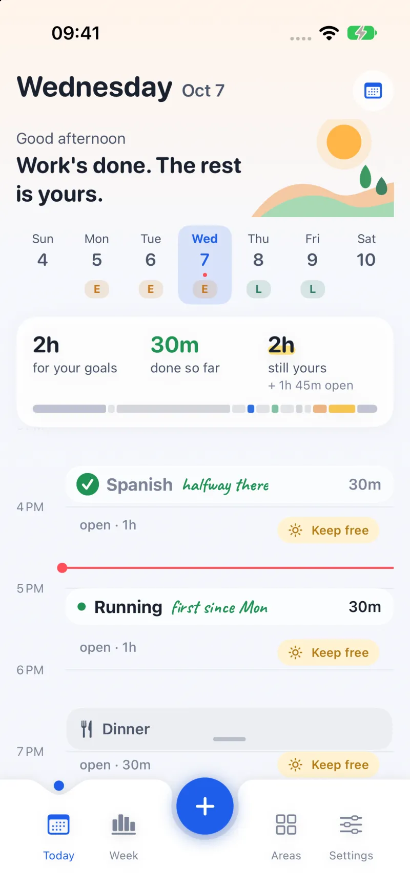 The OwnWeek Today screen: the day as a timeline with planned sessions and the time that is still free