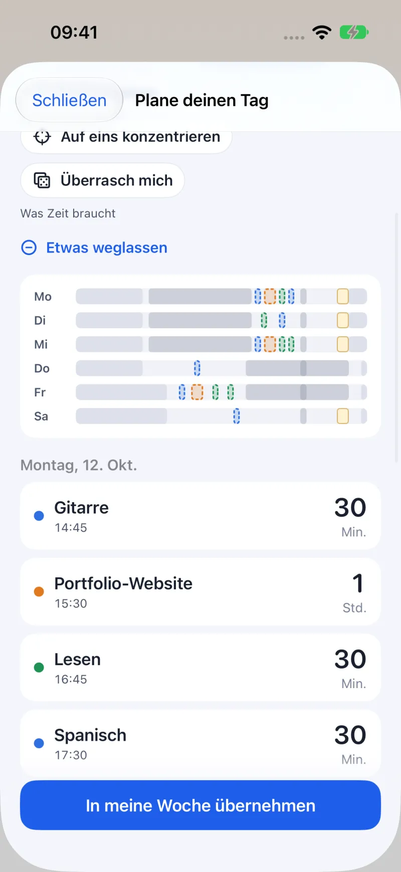 Die Planung für nächste Woche: jeder Tag als Streifen mit Arbeit und Schlaf, die vorgeschlagenen Einheiten in den Lücken, darunter die Einheiten als Liste